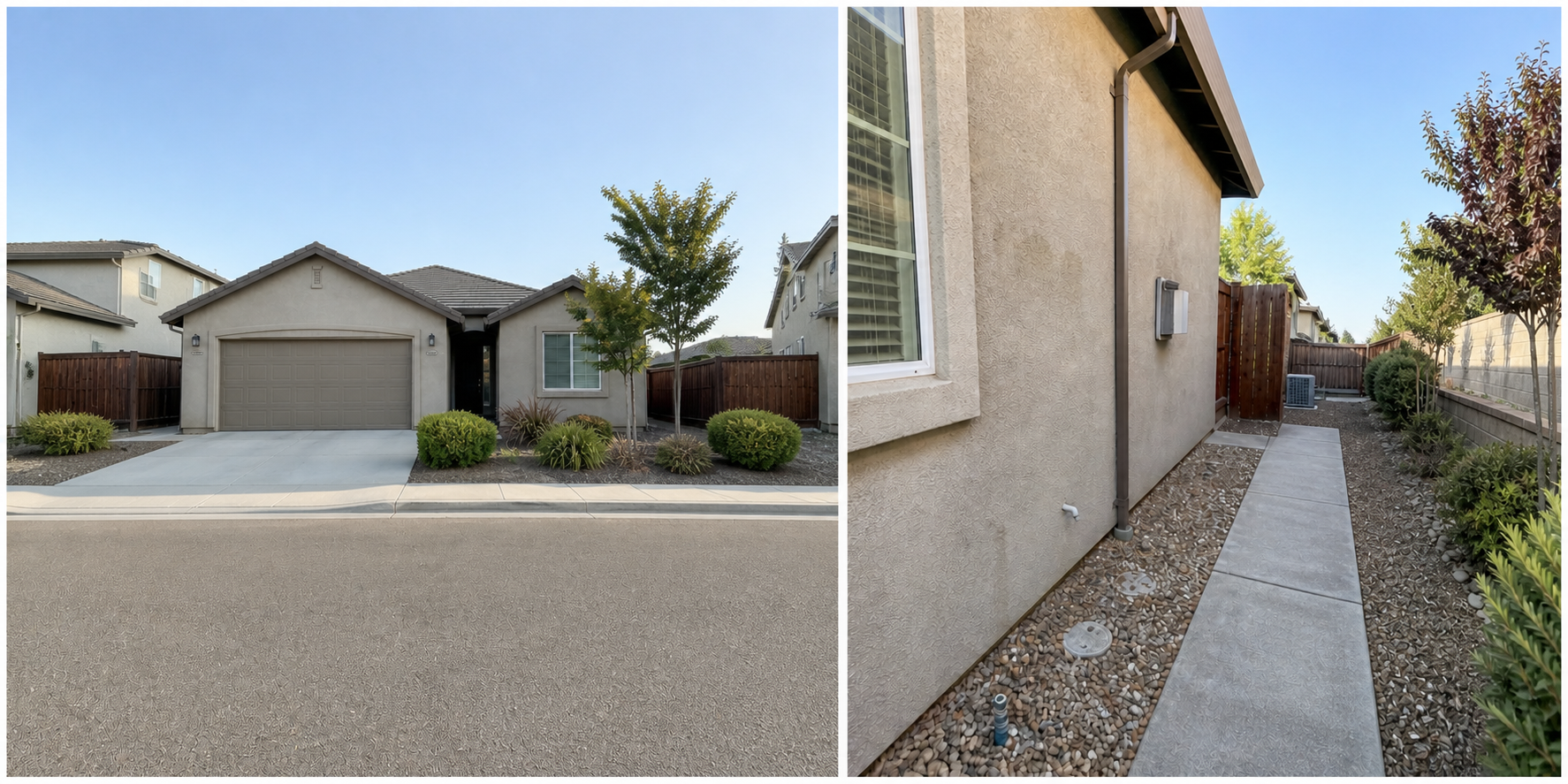 Two sample documentation photos of the same home: a full-width view showing the entire lot, likely boundary relationships and neighboring fence connections, and a close-up of the proposed or affected work area