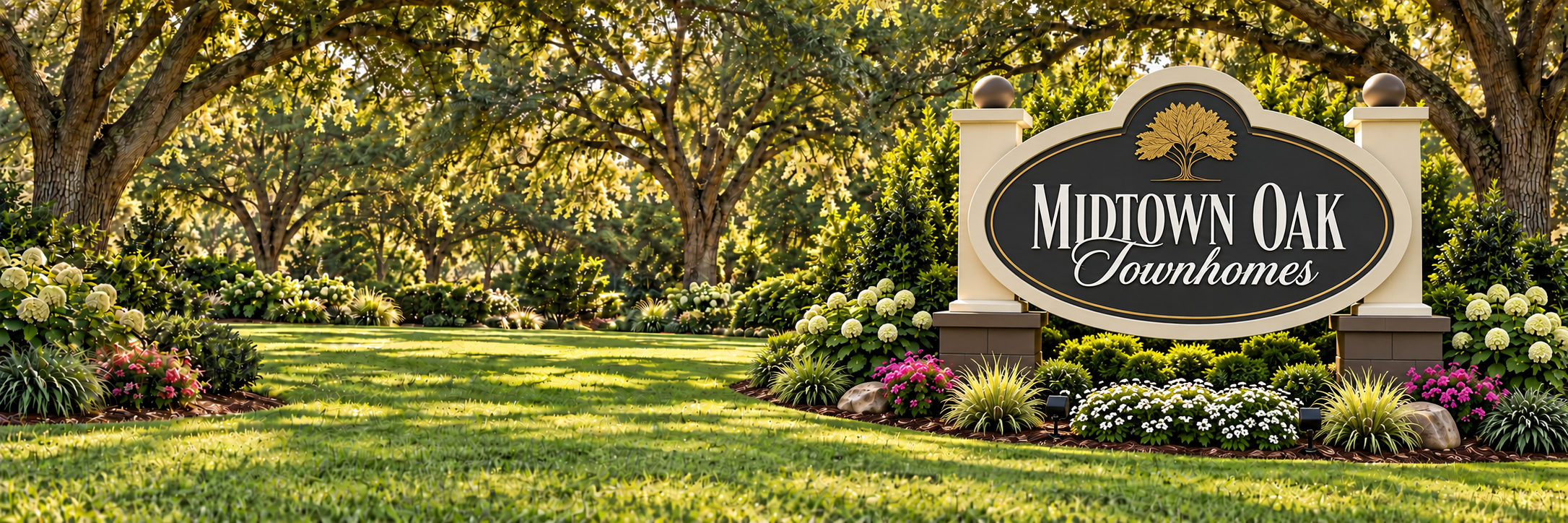 Midtown Oak Townhomes sign surrounded by oak trees and landscaping