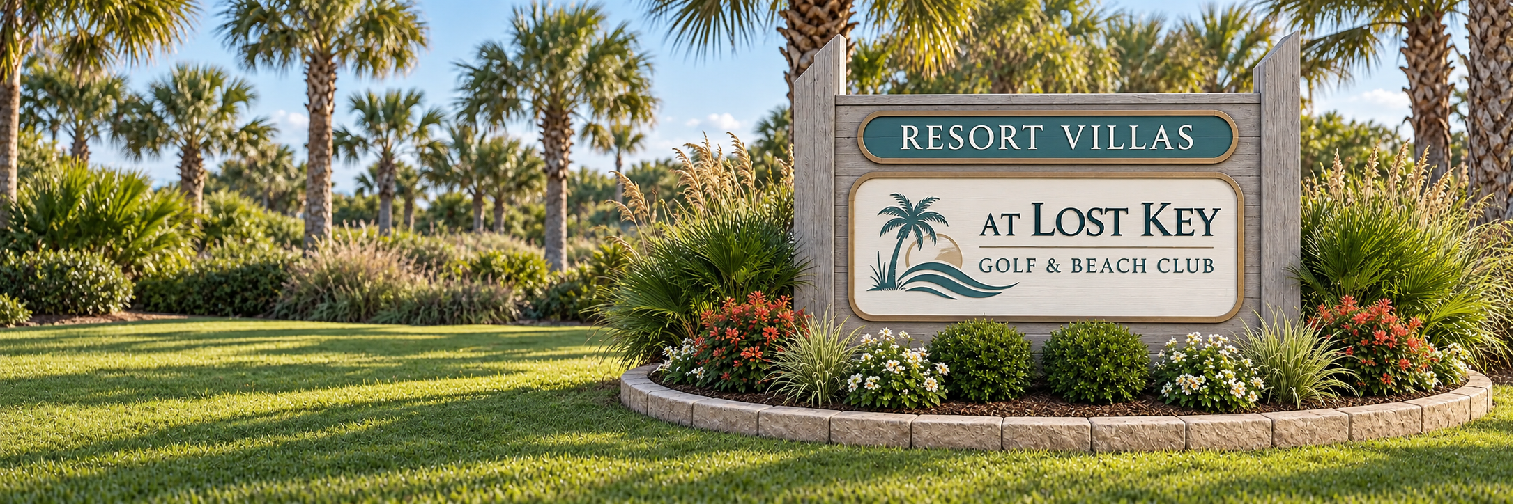 AI concept illustration of a Resort Villas at Lost Key Golf & Beach Club entrance monument with coastal landscaping