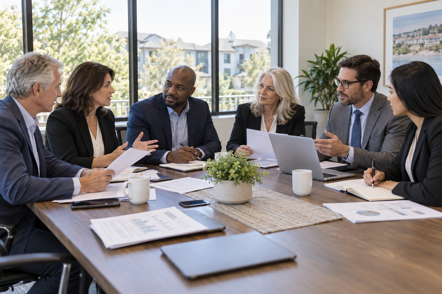 Professionals collaborating on board business around a conference table