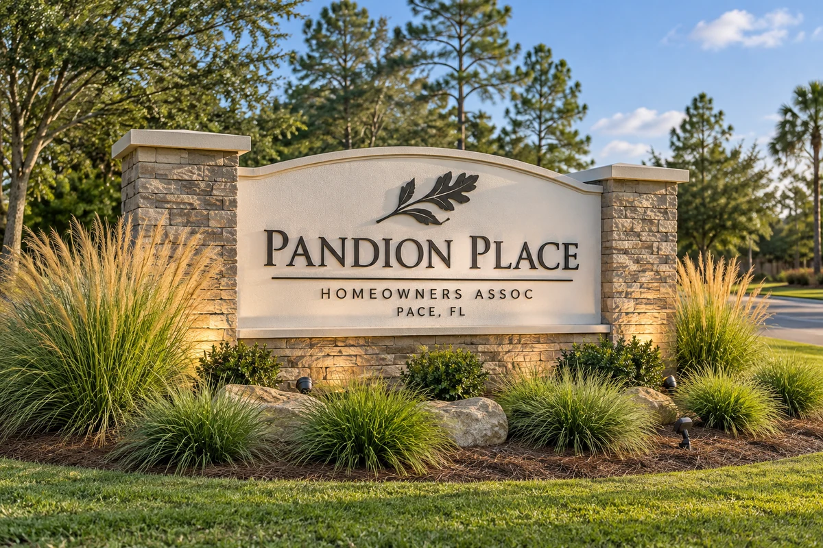 Pandion Place entrance monument with stone columns and landscaped ornamental grasses in Pace, Florida