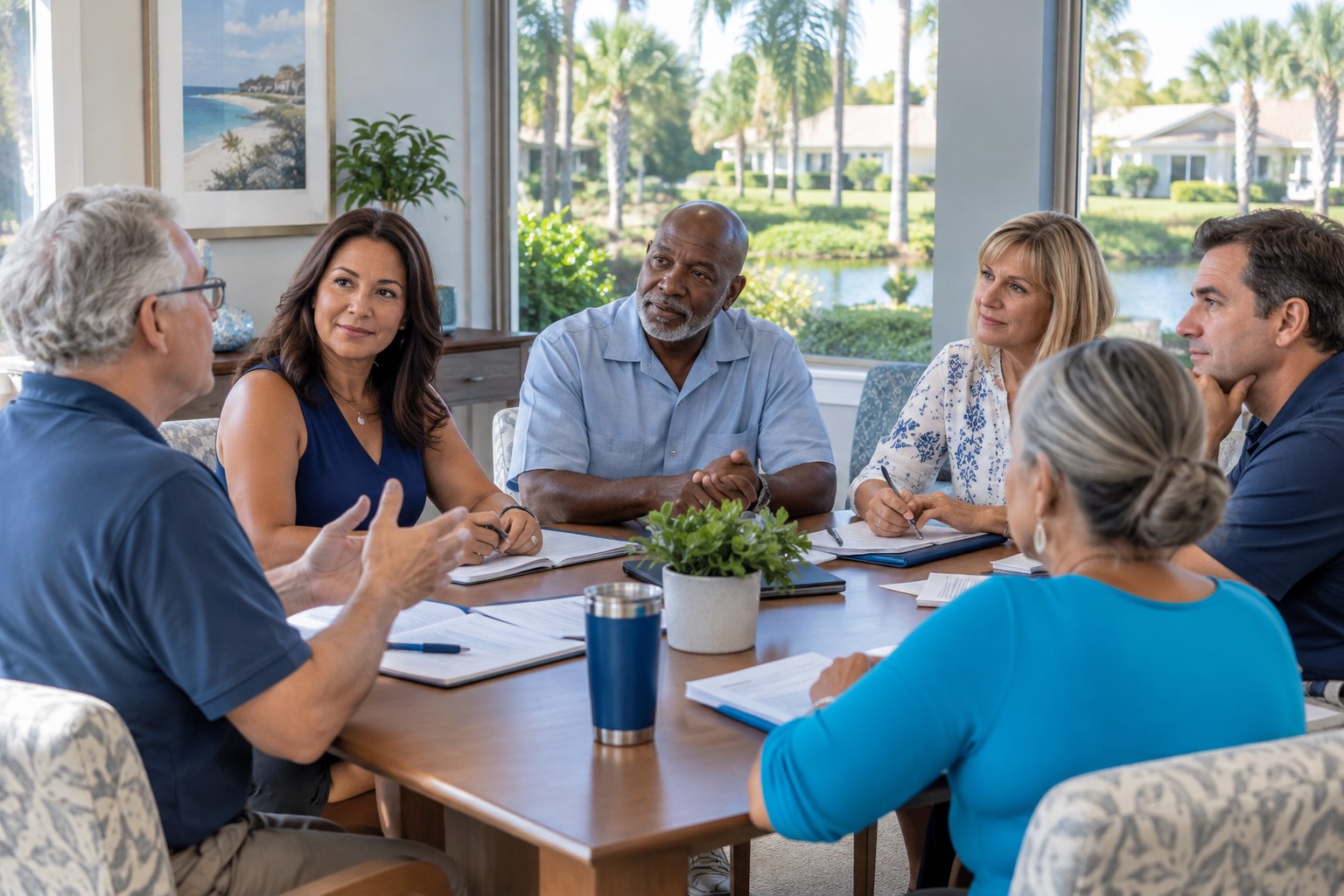 Homeowners and committee members listening during a meeting