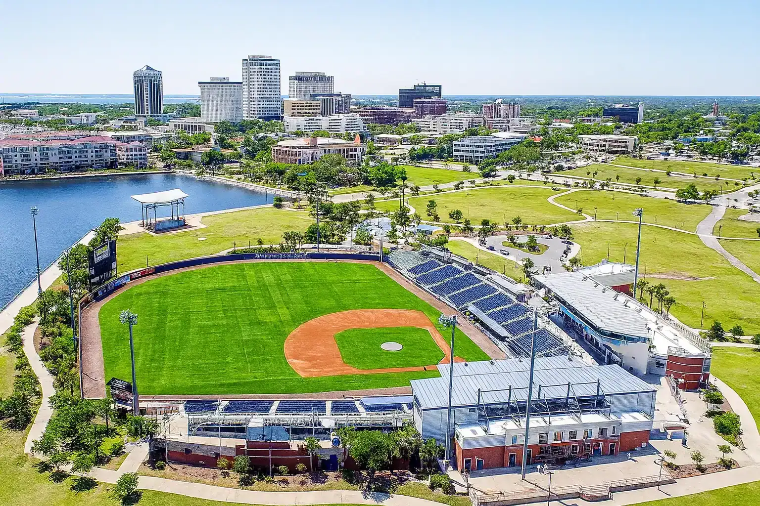 Pensacola Florida baseball park overlooking waterfront and downtown city buildings