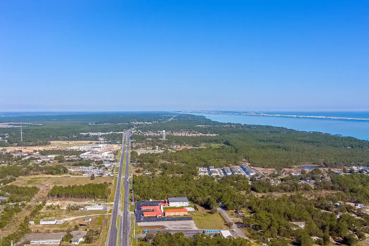 Beautiful aerial photo showing Navarre Florida neighborhoods and coastal roads